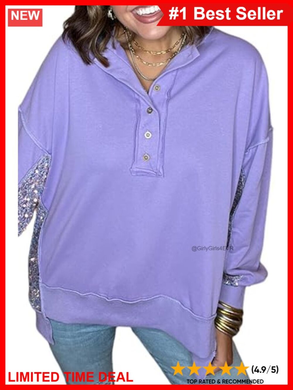 Sequin Patchwork High Low Hem Henley Oversize Sweatshirt Pullover